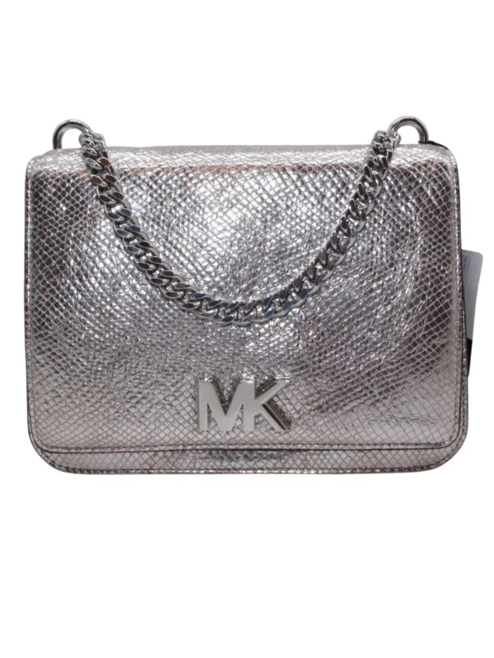 Michael Kors Silver Snake Mott Leather Chain Swag Shoulder Crossbody Bag Purse